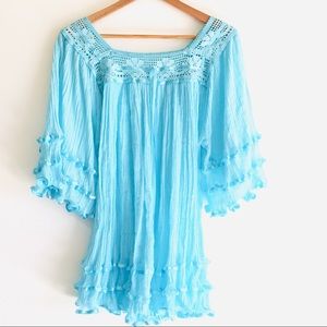 Mexican Tunic Mini Dress Summer Boho Blouse Angel Sleeves